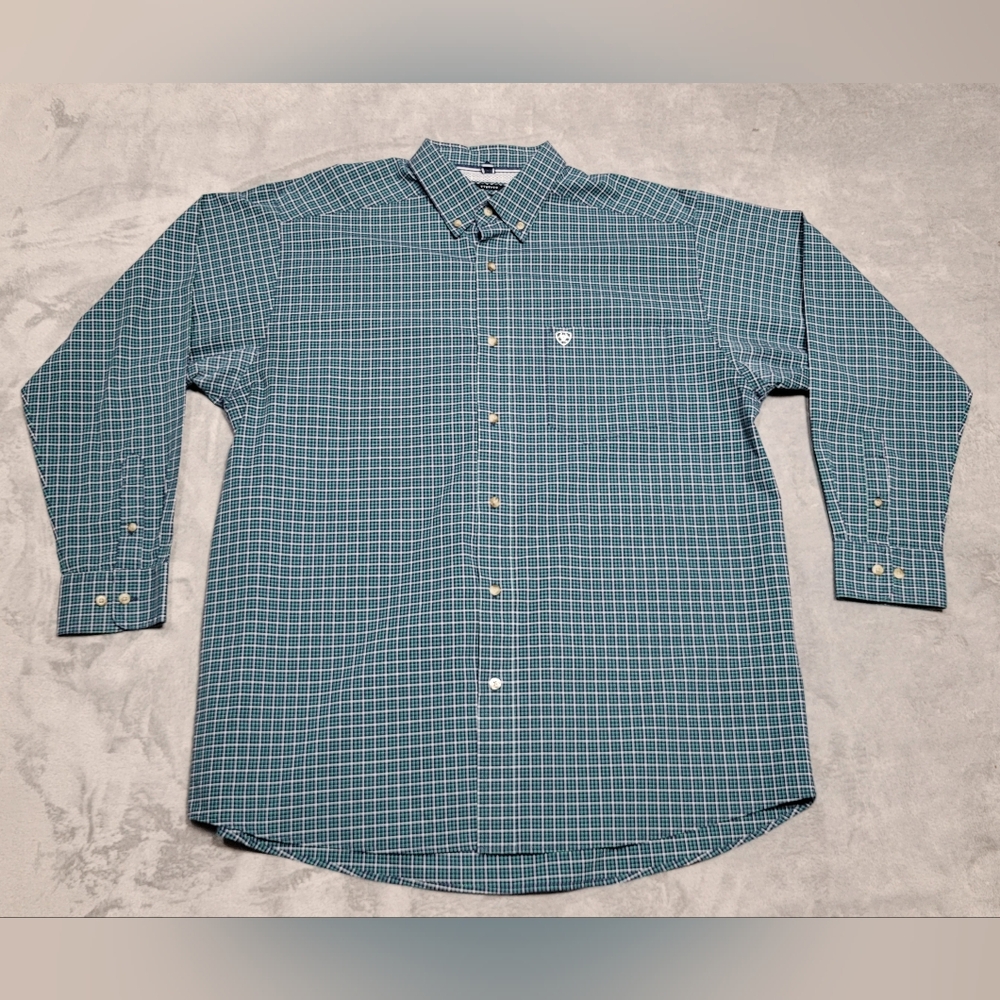 Ariat Pro Series Stretch Mens XL Shirt Blue Green Plaid LS Button Cowboy Western